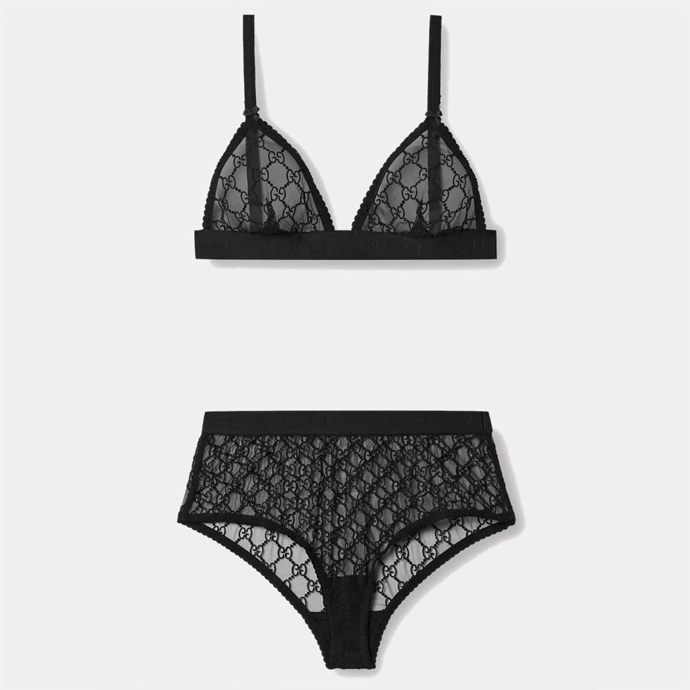 Gucci Black GG Embroidered Tulle Sheer Lingerie Set L New Condition Mesh Logo GG